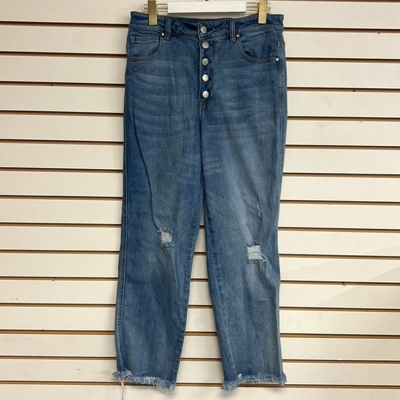 Risen Jeans High Rise Button Fly Distressed Frayed Raw Hem Stretchy Size 13/31 - Picture 1 of 12